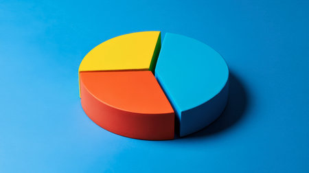 This image features a vibrant pie chart with sections in orange, blue, and yellow placed on a blue background, symbolizing data visualization and analysis.の素材