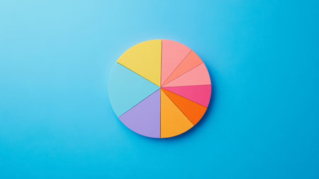 A vibrant pie chart featuring multiple colorful segments set against a bright blue background. This visually appealing graphic is ideal for presentations, reports, and educational materials focused on data analysis and business concepts.の素材