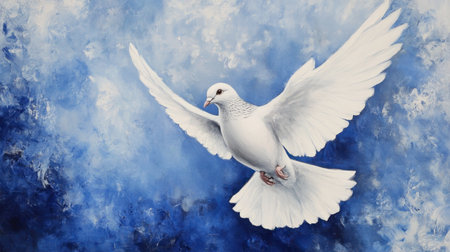A stunning white dove gracefully soars through a vibrant blue abstract background. This artwork embodies themes of peace, freedom, and elegance, captivating viewers with its serene beauty.の素材
