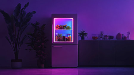 A sleek modern refrigerator illuminated with vibrant neon lights showcases a variety of colorful food items, enhancing the contemporary kitchen ambiance.の素材