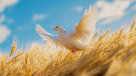 A stunning white dove gracefully soars above a golden wheat field under a clear blue sky, symbolizing peace and freedom in nature's beauty.の素材
