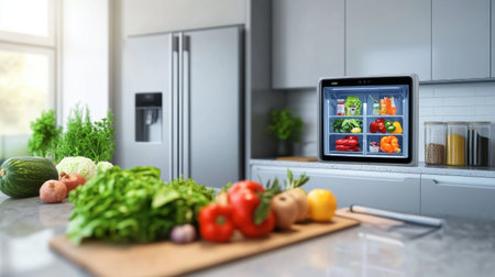 A vibrant modern kitchen featuring a stylish refrigerator displaying fresh vegetables and fruits. A wooden chopping board is filled with colorful ingredients, showcasing a healthy lifestyle.の素材