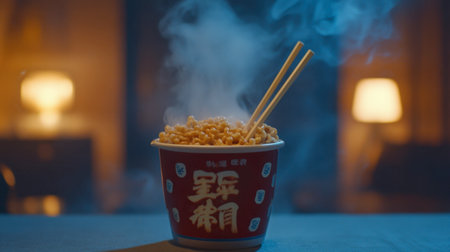 A steaming bowl of delicious noodles served with chopsticks, set in a cozy indoor atmosphere. Perfect for showcasing comfort food or Asian cuisine.の素材