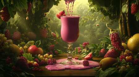 A beautiful arrangement of a fresh fruit smoothie in an elegant glass, surrounded by a medley of berries and lush greenery. Perfect for showcasing delicious beverages.の素材
