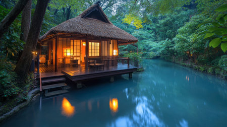 Discover a tranquil bamboo cottage situated by a serene lake, surrounded by lush foliage and reflecting calm waters. This peaceful retreat captures natural beauty and invites relaxation.の素材