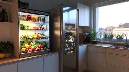 A beautifully designed modern kitchen featuring a refrigerator packed with fresh fruits and vegetables. Natural light highlights the vibrant colors and organization.の素材
