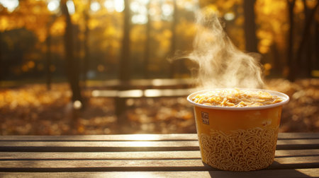 A steaming cup of noodles captures warmth in an autumn setting. The vibrant colors of fall complement the inviting meal, perfect for outdoor enjoyment.の素材