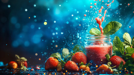 A vibrant splash of fresh strawberry smoothie emerges from a jar, surrounded by whole strawberries and mint leaves. A colorful background enhances the refreshing scene.の素材