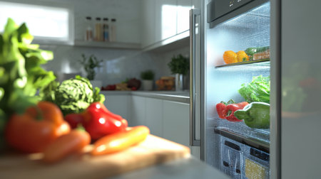 A bright modern kitchen showcasing an open refrigerator filled with fresh vegetables. The vibrant produce contrasts with the sleek design, highlighting healthy living.の素材