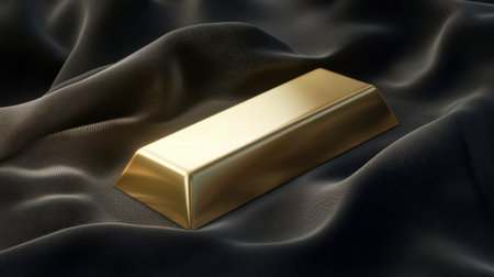 A stunning gold bar elegantly placed on a smooth black fabric surface, showcasing its gleaming surface and luxurious appeal, ideal for finance themes.の素材