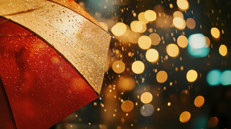 A close-up image of a red umbrella with intriguing raindrops, set against a soft, blurred background of golden bokeh lights, creating a warm and cozy atmosphere.の素材