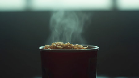 A steaming bowl of instant noodles captures attention with its rising vapor, set against a softly lit backdrop. Perfect for food enthusiasts and culinary imagery.の素材