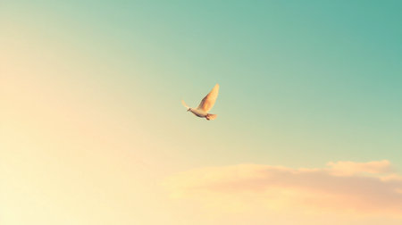 A serene white bird glides gracefully against a soft pastel sky at sunrise, symbolizing freedom and tranquility in a beautiful natural setting.の素材
