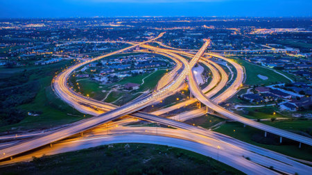 A stunning aerial view showcasing a complex highway interchange at dusk. The scene captures flowing traffic illuminated by city lights, highlighting urban infrastructure and design.の素材