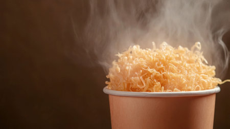 A steaming cup filled with freshly shredded cheese showcases its rich texture and warming appeal, perfect for snacking or culinary delights.の素材