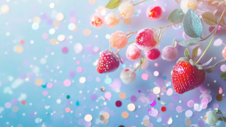 A delightful composition featuring fresh strawberries surrounded by shimmering confetti against a soft blue background, perfect for celebrations.の素材
