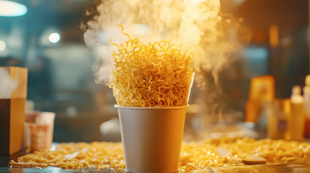 A steaming cup of freshly cooked noodles showcases inviting textures and warmth, perfect for a delicious takeout meal. An aromatic culinary delight.の素材
