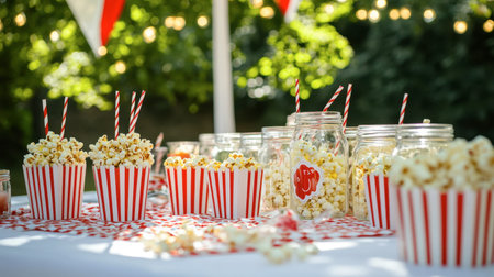Delight in this vibrant outdoor popcorn stand featuring striped containers, refreshing drinks, and festive decorations, perfect for any fun summer gathering.の素材