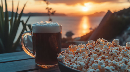 A captivating scene featuring a frothy beverage and a bowl of popcorn against a breathtaking sunset by the ocean, perfect for a relaxing evening.の素材
