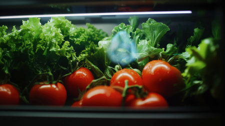 Fresh colorful vegetables are artfully arranged in a refrigerator, showcasing ripe tomatoes and lush greens, perfect for a healthy diet and culinary inspiration.の素材