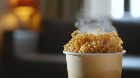 A steaming cup of instant noodles captivates with its warm aroma and tempting texture, perfect for a quick meal or snack in a cozy indoor environment.の素材