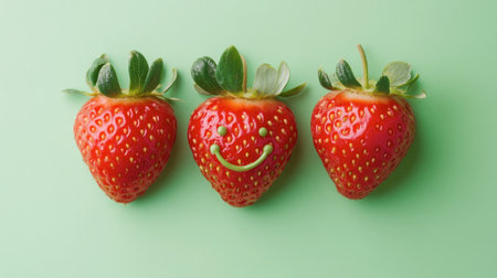 Bright and cheerful strawberries with a smiling face on a soft green background, perfect for capturing joy and freshness in culinary and lifestyle projects.の素材