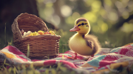 A content duckling exploring a picnic spot with colorful blankets and food baskets.の素材