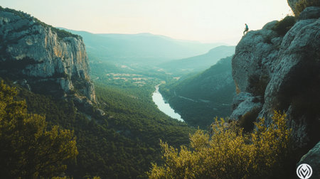 An adventurous rock climber scaling the cliffs of the Gorges du Verdon, with the valley stretching out below.の素材