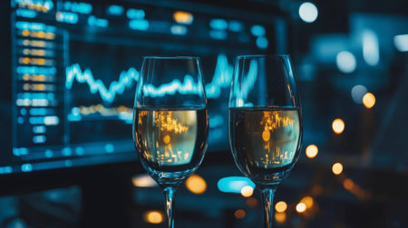 A celebratory toast in an office with graphs and charts showing remarkable progress in the background.の素材