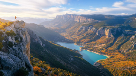 An adventurous rock climber scaling the cliffs of the Gorges du Verdon, with the valley stretching out below.の素材
