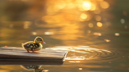 A cheerful duckling playing on a wooden dock as ripples spread across the water.の素材