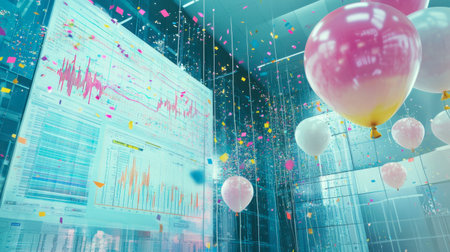 A celebratory office scene with balloons and confetti, as charts and graphs reveal a remarkable performance improvement.の素材