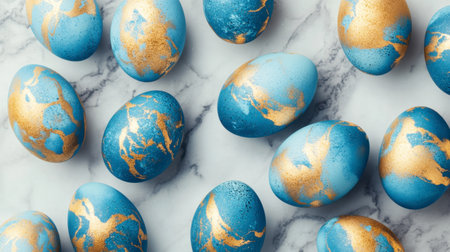 An artistic flat lay of Easter eggs in shades of blue and gold on a marble background.の素材