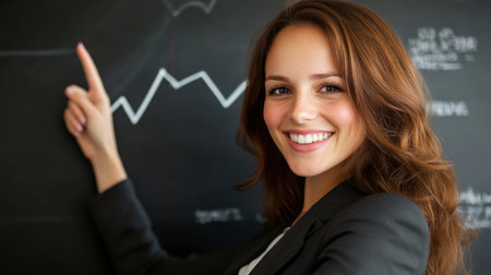 A businesswoman smiles as she points to a rising line graph, symbolizing growth and achievement in a corporate meeting room.の素材
