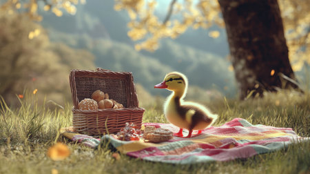 A content duckling exploring a picnic spot with colorful blankets and food baskets.の素材
