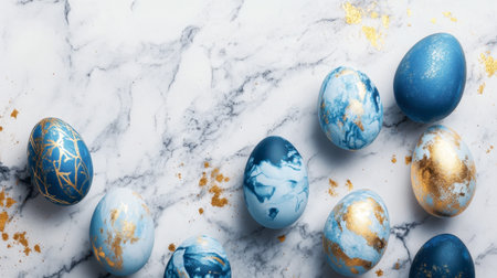 An artistic flat lay of Easter eggs in shades of blue and gold on a marble background.の素材