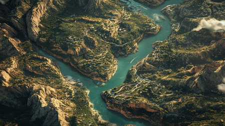 A birds-eye view of the Gorges du Verdon, showcasing its intricate network of cliffs, river, and hiking trails.の素材