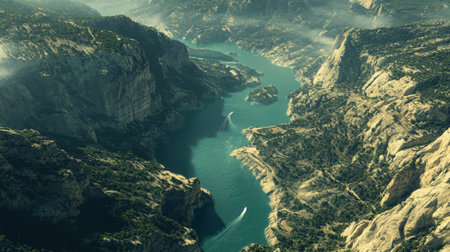 A breathtaking aerial view of the Gorges du Verdon valley, showcasing turquoise waters winding through rugged cliffs in southeastern France.の素材