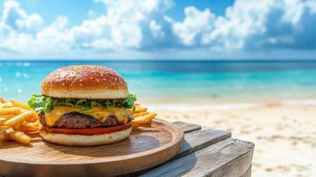 A close-up of a spicy cheeseburger on a wooden plate, paired with a seaside view and golden sandy beach.の素材