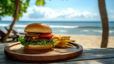 A close-up of a spicy cheeseburger on a wooden plate, paired with a seaside view and golden sandy beach.の素材
