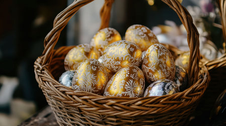 A basket filled with golden and silver eggs symbolizing prosperity and joy.の素材