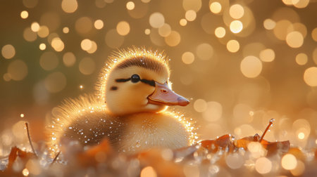 A close-up of a smiling duckling with water droplets glistening on its fluffy feathers.の素材