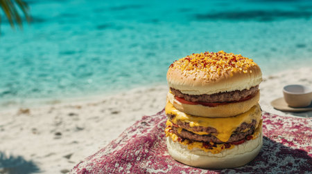 A beautifully stacked spicy cheeseburger, garnished with chili flakes, placed on a beach blanket near turquoise waters.の素材