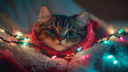 A charming cat wrapped in a red scarf surrounded by vibrant holiday lights. This cozy scene evokes warmth and joy, perfect for festive themes.の素材
