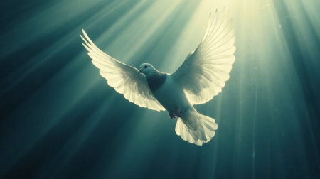 A beautiful white bird gracefully flies through soft light beams, showcasing elegance and freedom in a serene dark setting. The scene evokes a sense of tranquility and inspiration.の素材