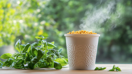 A steaming bowl of granola sits beside fresh basil leaves on a wooden surface. This vibrant arrangement highlights healthy ingredients and a rustic kitchen ambiance.の素材