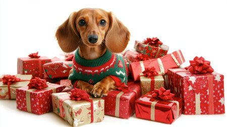 A charming dachshund dog wearing a festive sweater sits among colorful Christmas gifts. This delightful scene captures the joy and warmth of the holiday season.の素材