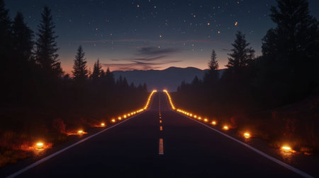 A tranquil road flanked by glowing lamps and silhouetted trees under a starry sky. This serene nighttime scene offers a perfect invitation for adventure.の素材
