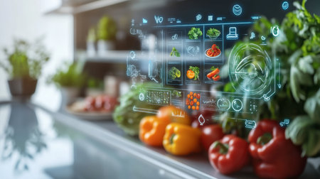 A modern kitchen featuring a smart display with vibrant vegetables and interactive cooking features. Perfect for showcasing innovative culinary technology.の素材