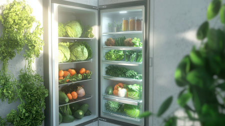 A bright and appealing refrigerator filled with fresh organic vegetables and fruits. This image showcases a vibrant selection of healthy produce, emphasizing freshness and nutrition. Perfect for cooking and meal prep inspiration.の素材